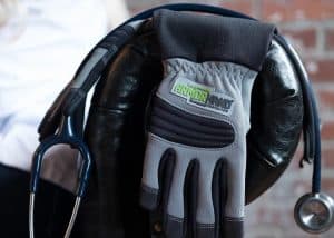 gloves laying on chair arm